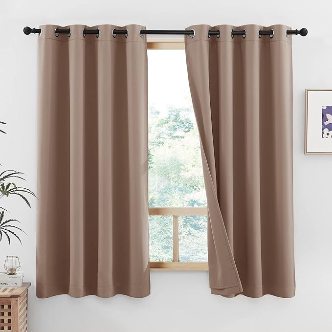 NICETOWN Bedroom Cold Reducing Full Blackout Curtain Panels, Super Thick Insulated Window Covers, 100% Blackout Blinds with Same Color Liner for Small Window(Tan, Set of 2 PCs, 52 by 45-inch) by NICETOWN