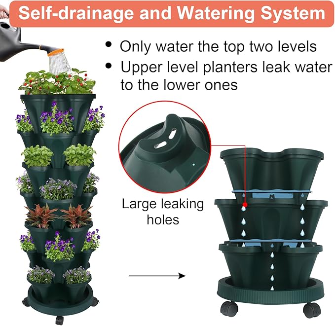 GameXcel Vertical Planter 7 Tier Stackable Planters Garden Planters Strawberry Herb Flower and Vegetable Planter Indoor Outdoor Gardening Pots with Removable Wheels and Tools - Image 4