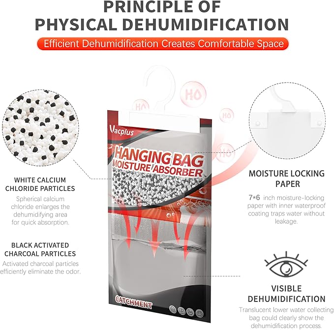 Vacplus Moisture Absorbers, Hanging Closet Dehumidifier Bags, Humidity Packs, Desiccant, Closet Dehumidifiers with Activated Charcoal, 10 Pack, 9.8 OZ - Image 3