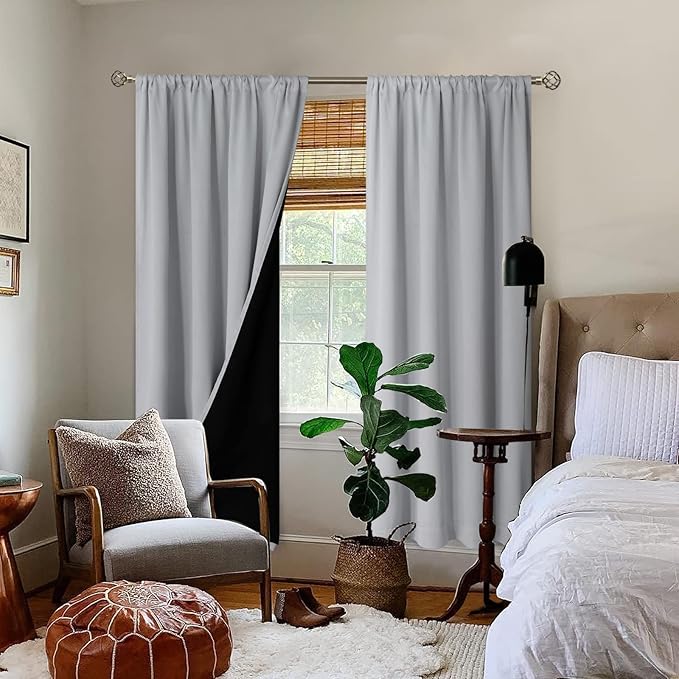 BGment Thermal Insulated 100% Blackout Curtains for Bedroom with Black Liner, Double Layer Full Room Darkening Noise Reducing Rod Pocket Curtain (52 x 72 Inch, Light Grey, 2 Panels) - Image 2