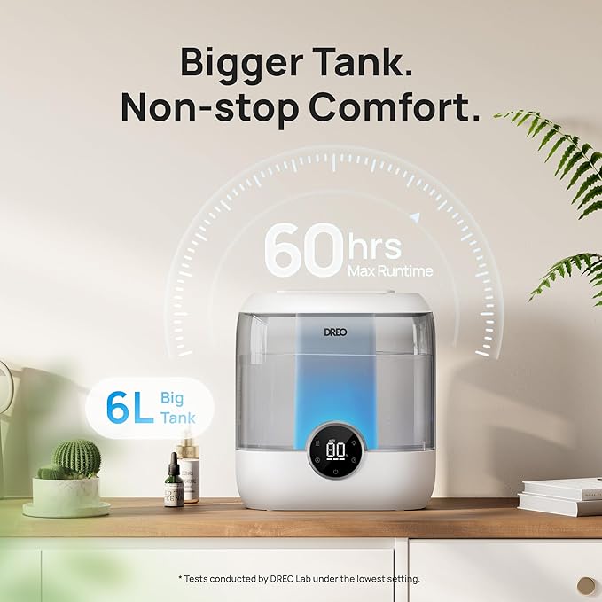 DREO 6L Top Fill Humidifiers for Bedroom, 60H Runtime 28 dB Quiet Supersized Cool Mist Air Humidifiers for Large Room, Baby Nursery, Plant, Indoor, Night Light, Easy to Clean, Precise Humidity Control - Image 3
