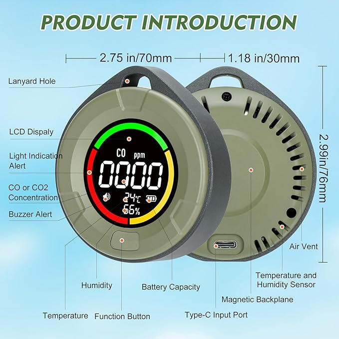 Portable CO ＆ CO2 Detectors for Travel, 4-in-1 Carbon Monoxide and Carbon Dioxide Monitor with Magnetic Suction, Rechargeable CO CO2 Alarm Temp/Humidity Sensor,120-140HR Standby for Home/RV - Image 8