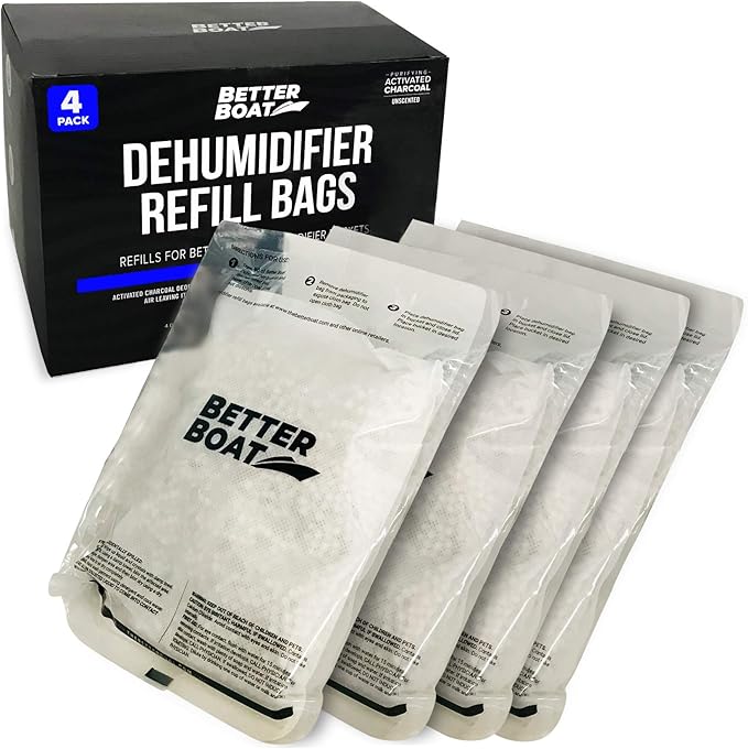 4 Pack Moisture Absorber Refill Bags, Unscented and Fragrance-Free Pellet Packs, Dehumidifier Refills for Buckets, Ideal for Eliminating Odors and Damp Air in Basement, Closet, Home, RV, and Boating by BetterBoat