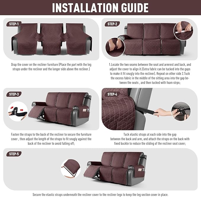 TAOCOCO 100% Waterproof Recliner Cover, Non-Slip Washable Reclining Couch Cover with Elastic Leg Straps, Furniture Protector for Dogs (Coffee, 3 Seater) - Image 7