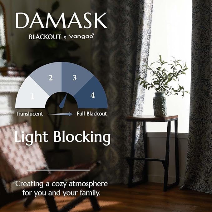 Vangao Vintage Damask Blue Curtains 84 Inch Long Blackout Curtains Linen Textured Floral Paisley Medallion Print for Bedroom Living Room Darkening Drapes Window Treatment 2 Panels Navy on Beige - Image 5