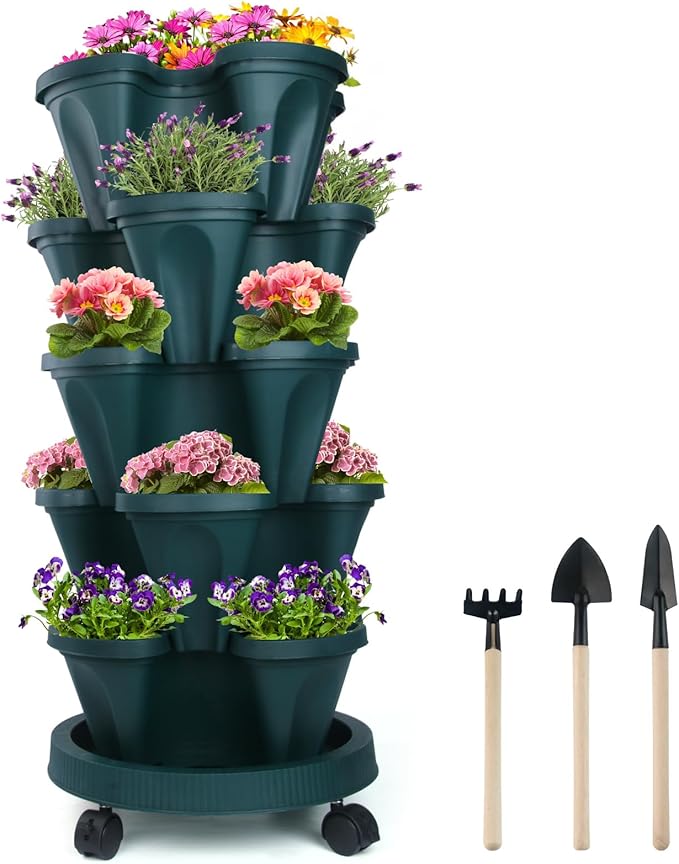 DUNCHATY Stackable Vertical Garden Planter with Wheels, 5 Tier Herb Planter Pots for Growing Vegetables and Succulents, Pine Green by DUNCHATY