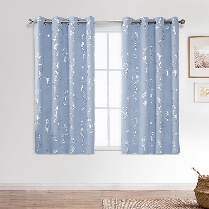 BUHUA Blue Blackout Curtain 2 Panel Set Vine Foil Print Thermal Insulated Drapes Room Darkening Curtains Grommet Window Treatment, 38 x 45 Inch, Light Blue - Image 2