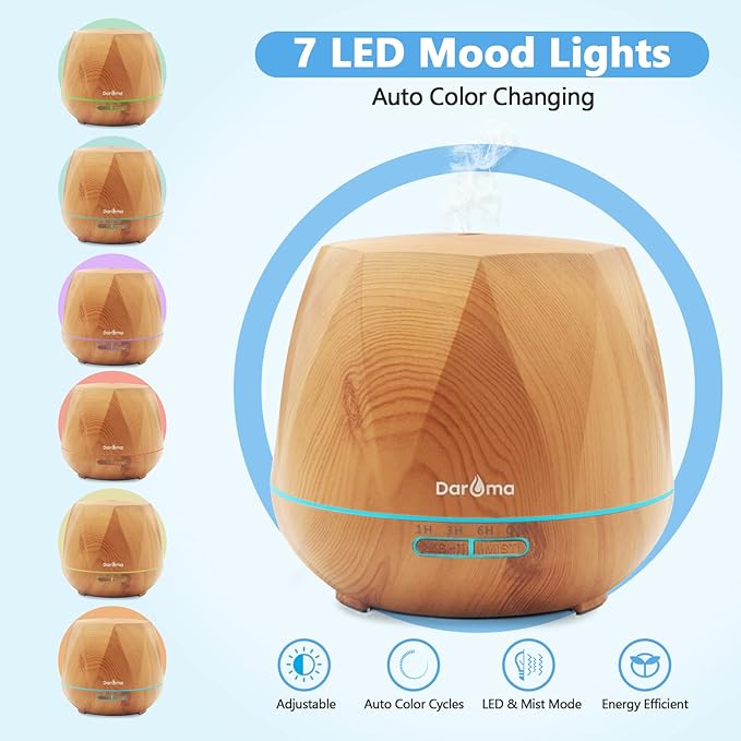 550ml Essential Oil Diffuser, DAROMA Upgraded Remote Control 6 in 1 Aromatherapy Ultrasonic Cool Mist Humidifier, 7 Color Changing Mood Lights & Waterless Auto-Off for Home Office Gift, Light Wood - Image 3