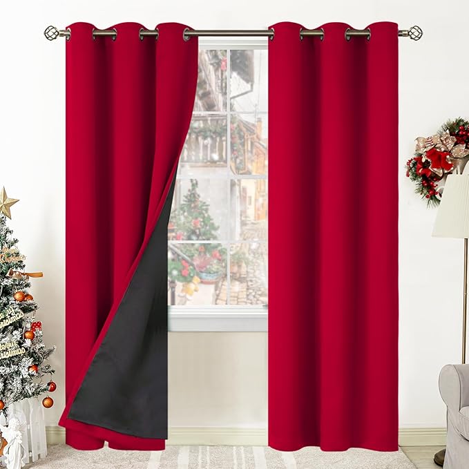 BGment Christmas 100% Blackout Curtains Thermal Insulated with Liner for Living Room Decoration - Grommet Double Layer Energy Saving Bedroom Curtain Drapes (42 x 84 Inches, Red, 2 Panels) by BGment