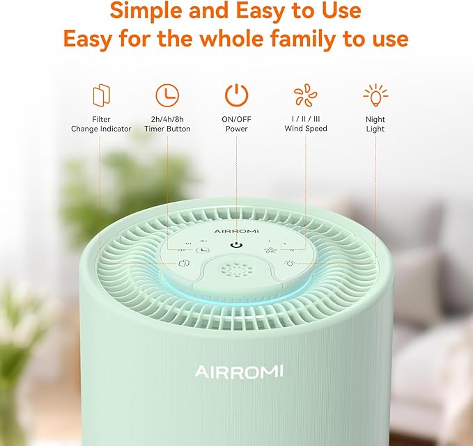 AIRROMI Air Purifier for Bedroom with HEPA 3-in-1 Filter, Pet Air Purifier for Home Cat Pee Smell, Covers Upto 990 Ft², Quiet 360°intake Air Cleaner for pet hair,allergies,Dust,Smoke A2001 Green - Image 3