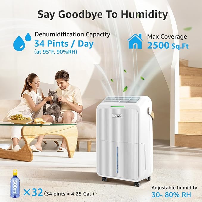 KNKA 2500 Sq.Ft Dehumidifiers for Home with Drain Hose Max 34 Pints, Dehumidifier for Basement, Bedroom, Bathroom, Large Room, Three Modes, Intelligent Humidity Control, Dry Clothes, 24HR Timer - Image 2