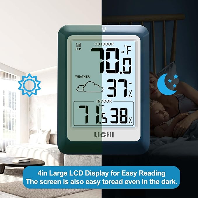 Indoor Outdoor Thermometer Wireless Weather Station, Internal External Thermometer Hygrometer, Home Batteryoperated Temperature Humiditymonitors330 Feet (About 100 Meters) Backlight Display (Blue) - Image 7
