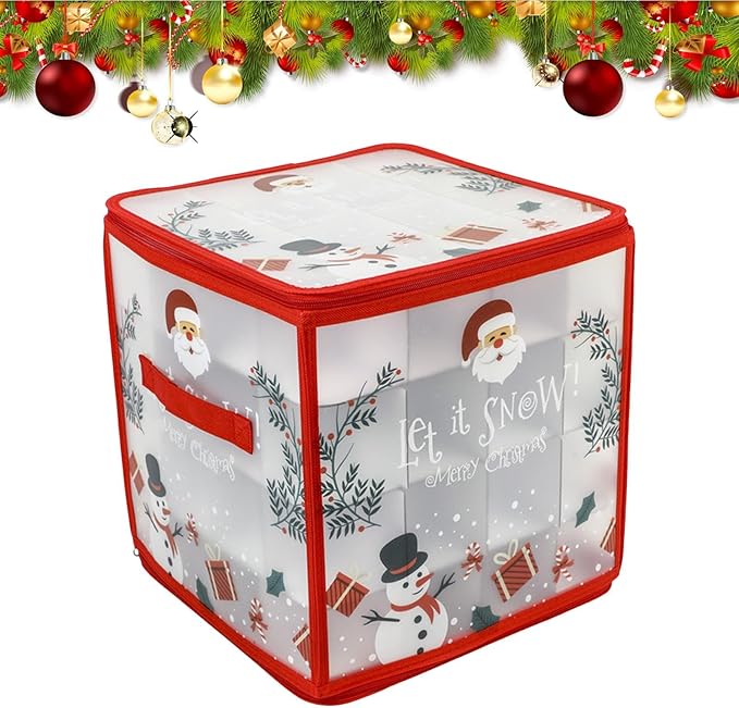 Ornament Storage Box - Holiday Decorations Containers, Christmas Ball Container With Adjustable Dividers For 64 Balls, Space-Saving Holiday Decor Organizer With Lid And Handle, Frosted Design With Eas - Image 9