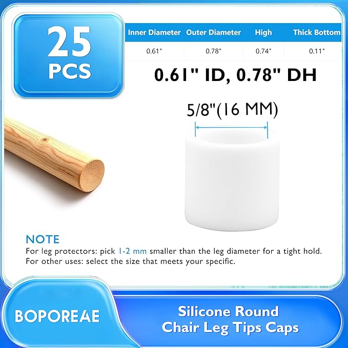 25 Pcs 5/8" (16 mm) Round Chair Leg Tips Caps, Silicone Rubber Furniture Leg Floor Protectors, Reduce Noise Folding Metal Chair Leg Cap Replacement for Bar Stool Leg Patio Indoor, White - Image 9