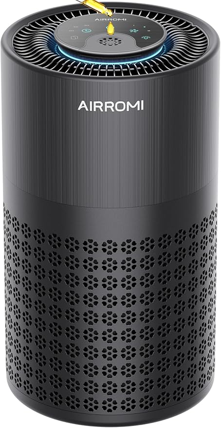 AIRROMI Air Purifier for Bedroom with HEPA 3-in-1 Filter, Pet Air Purifier for Home Cat Pee Smell, Covers Upto 990 Ft², Quiet 360°intake Air Cleaner for pet hair,allergies,Dust,Smoke A2001 Black by AIRROMI