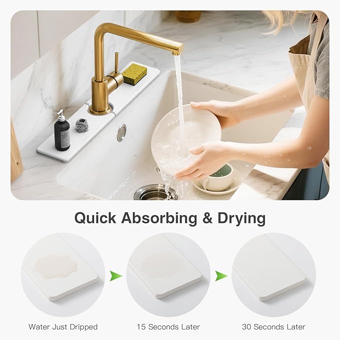 20" x 4" Stone Faucet Mat for Kitchen Sink, Quick Drying Diatomite Sink Tray, Faucet Sink Splash Guard for Prevents Moisture Buildup (White) - Image 3