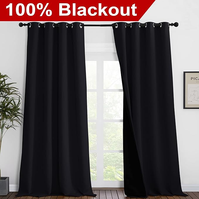 NICETOWN Cold Blocking 100% Blackout Curtains, Durable Black Lined Blackout Curtains for Bedroom, Energy Saving Long Curtains for Patio Sliding Glass Door, Black, 55 inches x 96 inches, 2 Panels - Image 2