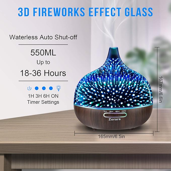 Essential Oil Diffuser 550ml Cool Mist Humidifier 3D Glass Ultrasonic Aromatherapy Humidifier with 7 Color Changing Led Lights, Waterless Auto Shut-Off, Adjustable Timer for Home Bedroom Office - Image 2