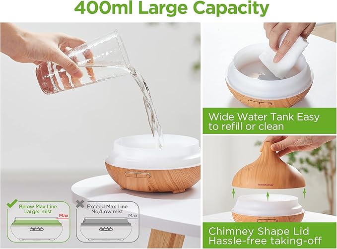InnoGear Aromatherapy Diffuser & 10 Essential Oils Set, 400ml Diffuser Ultrasonic Diffuser Cool Mist Humidifier with 4 Timers 7 Colors Light Waterless Auto Off for Large Room Office, Yellow Wood Grain - Image 8