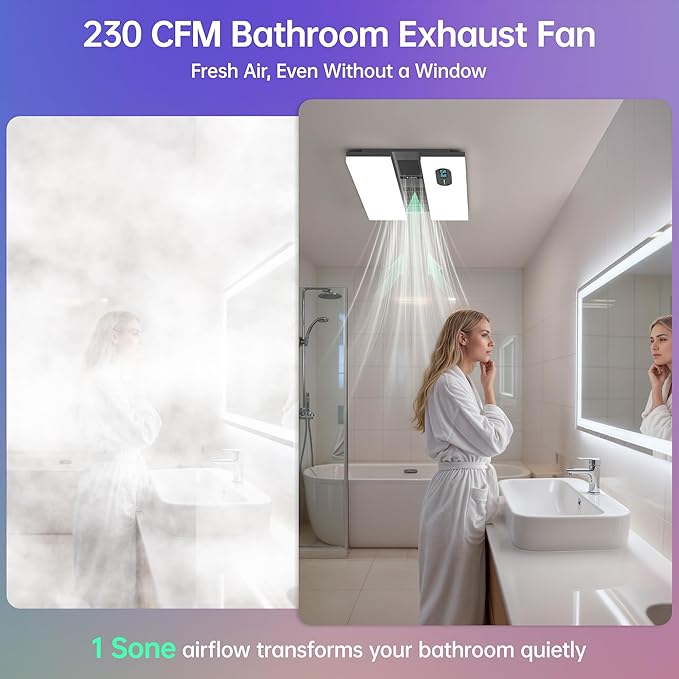 Bathroom Exhaust Fan with Heater, Light, Bluetooth Speaker, Odor & Humidity Sensors, 230 CFM Quiet Ceiling Fan with 3 Dynamic RGB Lighting, 3CCT - Remote App Control - Compatible with Alexa - Image 2