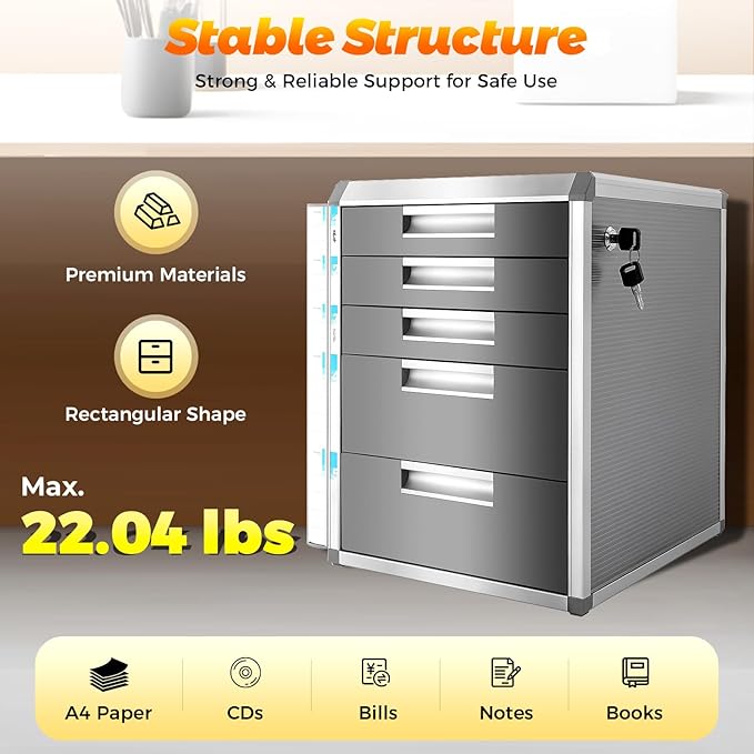 Metal Drawer Box, Luminium Alloy File Organiser with Lockable Drawers With 5 Drawers File Organiser for Home, Office - Image 5