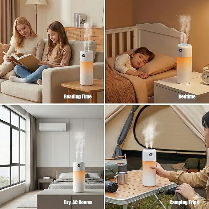 Portable Mini Humidifier, 500ml Rechargeable Dual Mist, Auto Timer & Dry-Burn Protection, with Night Light, for Bedroom Office AC Room Plants Car Travel (White) - Image 7