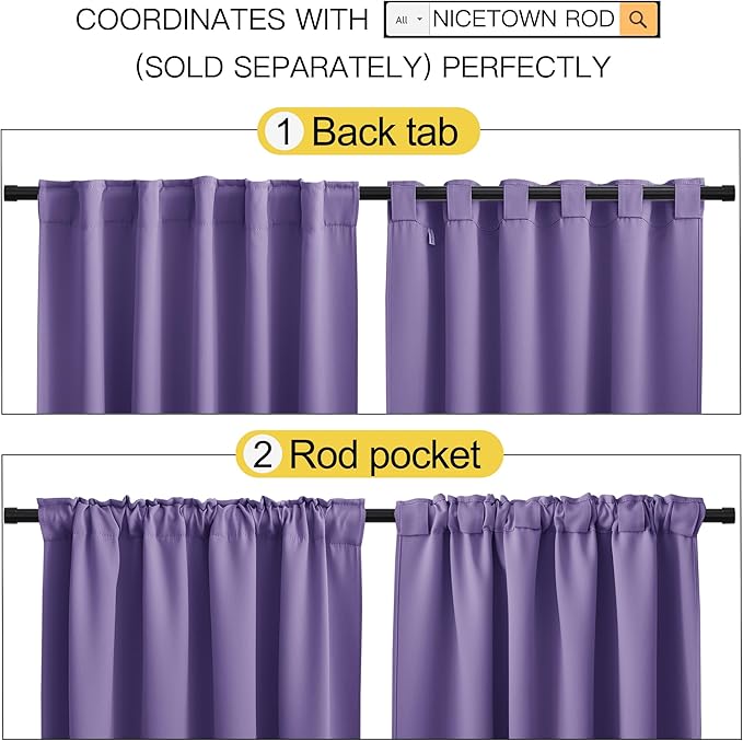 NICETOWN Bedroom Blackout Curtain Panels - (Lilac Purple Color) 52 x 108 Inch, 2 PCs, Insulating Energy Saving Solid Rod Pocket Blackout Drapes for Hall, Villa - Image 3