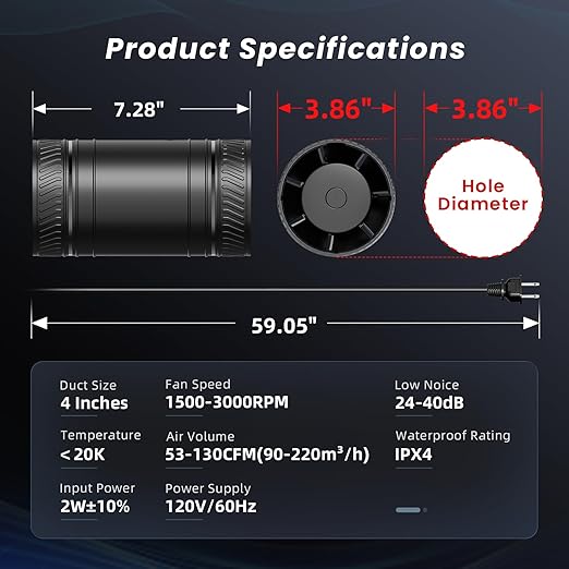 4 Inch Inline Fan with Remote,2Way 6 Speed Inline Duct Fans High-Efficiency Exhaust Duct Fan DC Motor, Low Noise HVAC Ventilation in Basement Bathroom Workshop Attic P126 - Image 3