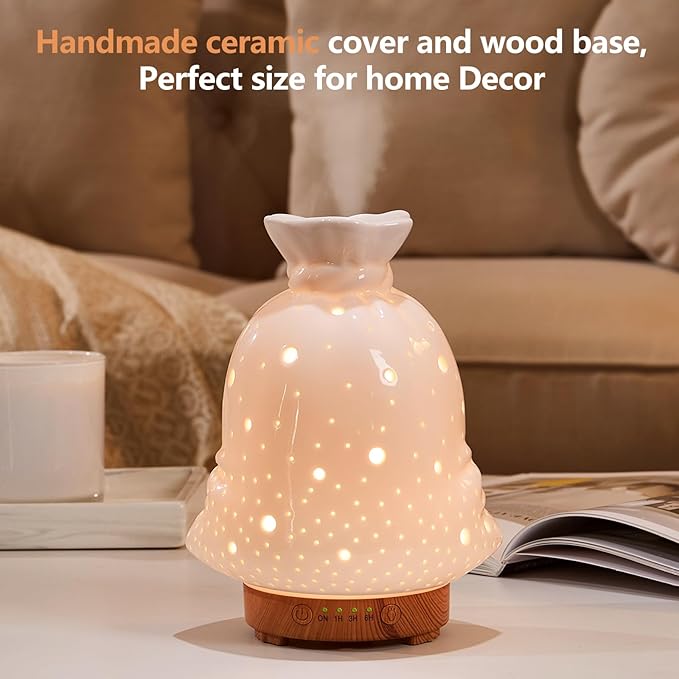 160ML Ceramic Diffuser for Essential Oils Lucky Bag Aromatherapy Diffuser Ultrasonic Cool Mist Humidifier with Intermittent Mist Modes Waterless Auto Off for Room Office - Image 7