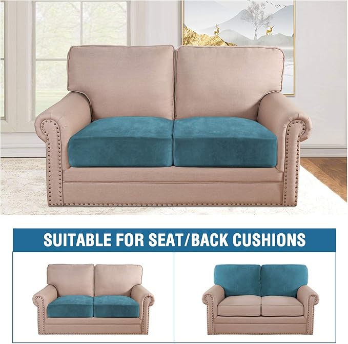 H.VERSAILTEX Velvet Stretch Couch Cushion Cover Plush Cushion Slipcover for Chair Loveseat Sofa Cushion Furniture Protector Seat Cushion Sofa Cover (2 Piece Medium Sofa Cushion Covers, Peacock Blue) - Image 3