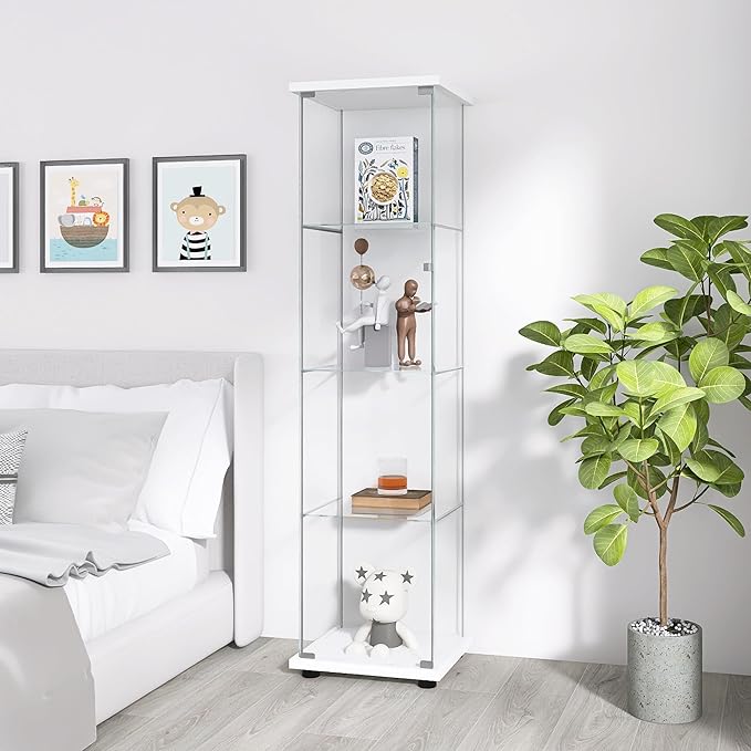 Yoluckea 4 Shelves Glass Display Cabinet with Door,Floor Standing Clear Glass Curio Cabinet Collection Display Case for Living Room Bedroom 64”x17”x14.5” White - Image 4