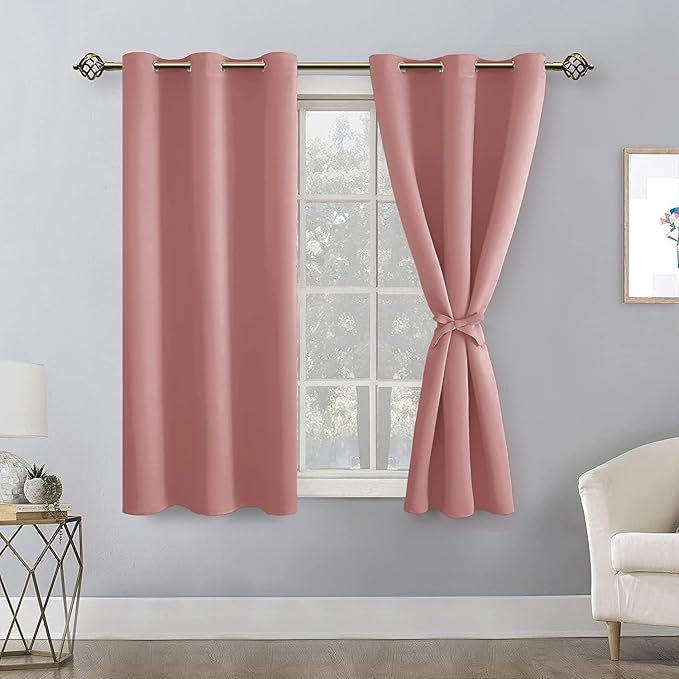 Hiasan Blackout Curtains for Bedroom - Light Blocking & Noise Reducing Window Curtains for Living Room, 2 Drape Panels Sewn with Tiebacks, Dusty Rose, 38 x 54 Inch - Image 2