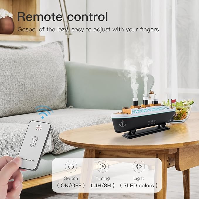 Titanic Humidifier 250ml, Essential Oil Diffuser Cool Mist Ultrasonic Aroma Aromatherapy Diffuser with Remote Control 7 Light 2 Mist Mode Auto Shut-Off for Bedroom Office Hotel(Black White) - Image 5