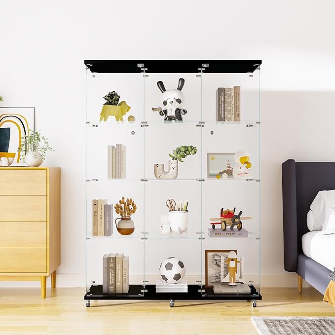 Yoluckea 4 Shelves Glass Display Cabinet Extra Large, Curio Collection Glass Display Case for Home Office, Floor Standing Bookshelf Corner Cabinet for Book Toys Glory (Black) by Yoluckea