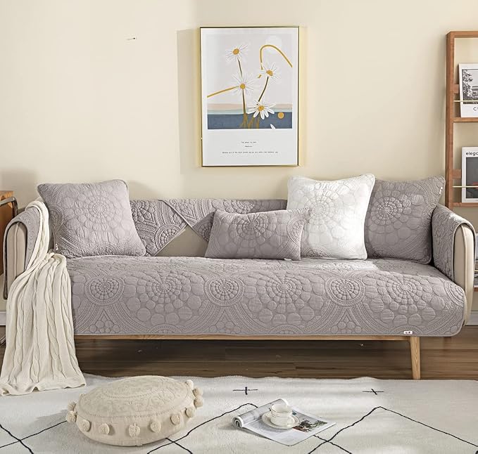 vctops Boho Circle Embroidery Couch Sofa Cover Solid Color Cotton Quilted Non-Slip Sectional Couch Covers Sofa Slipcover for Dogs, Children, Pets Furniture Protector (Grey,36"x70") - Image 2