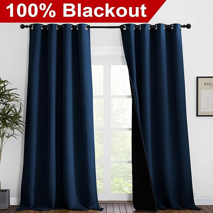 NICETOWN 100% Blackout Blinds, Set of 2, 52 inches x 102 inches, Laundry Room Decor Window Treatment Curtains for Large Patio Sliding Door, Thermal Insulated Moroccan Blue Curtains for Bedroom - Image 2