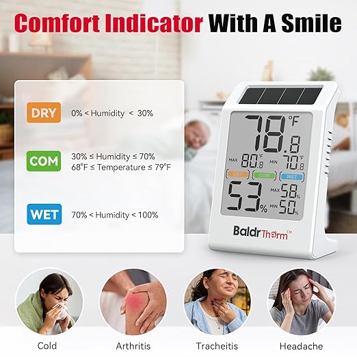 BaldrTherm Room Thermometer Indoor Humidity Meter Solar Powered with Max/Min Memory & Comfort Indicator - 3.2" Large Display for Home, White, 3Pack - Image 6