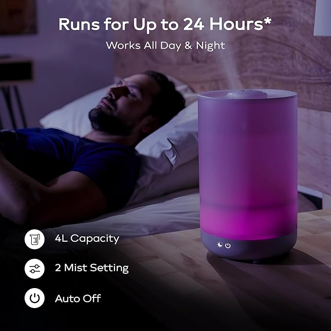 Bell+Howell 4L Top Fill Humidifiers for Bedroom, Color Changing Air Humidifier for Large Room, Cool Mist Humidifiers for Bedroom Baby Room Humidifier & Oil Diffuser with Auto Shutoff - Image 4