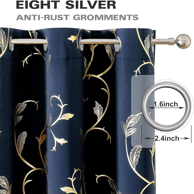 BUHUA Blackout Curtains 84 Inches Long, Gold Foil Print Pattern Room Darkening Curtain, Living Room Curtains & Drapes, Thermal Insulated Window Panel Set, 52 x 84 Inch, Navy Blue - Image 5