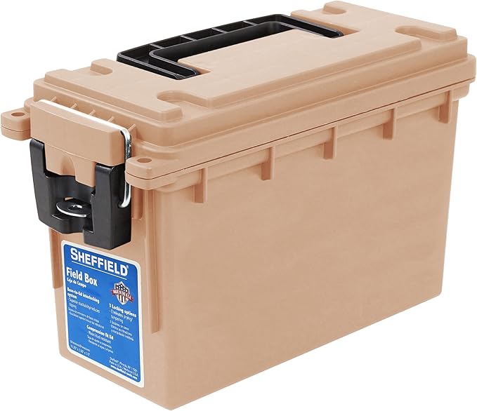 Sheffield 12627 Ammo Storage Box, Stackable .30 Cal Field Boxes, Water and Dust Resistant, Lockable Storage Box with Handle, Secures Hunting Gear, Supplies, and Bullets, Made in USA, Tan, 1-Pack by Sheffield