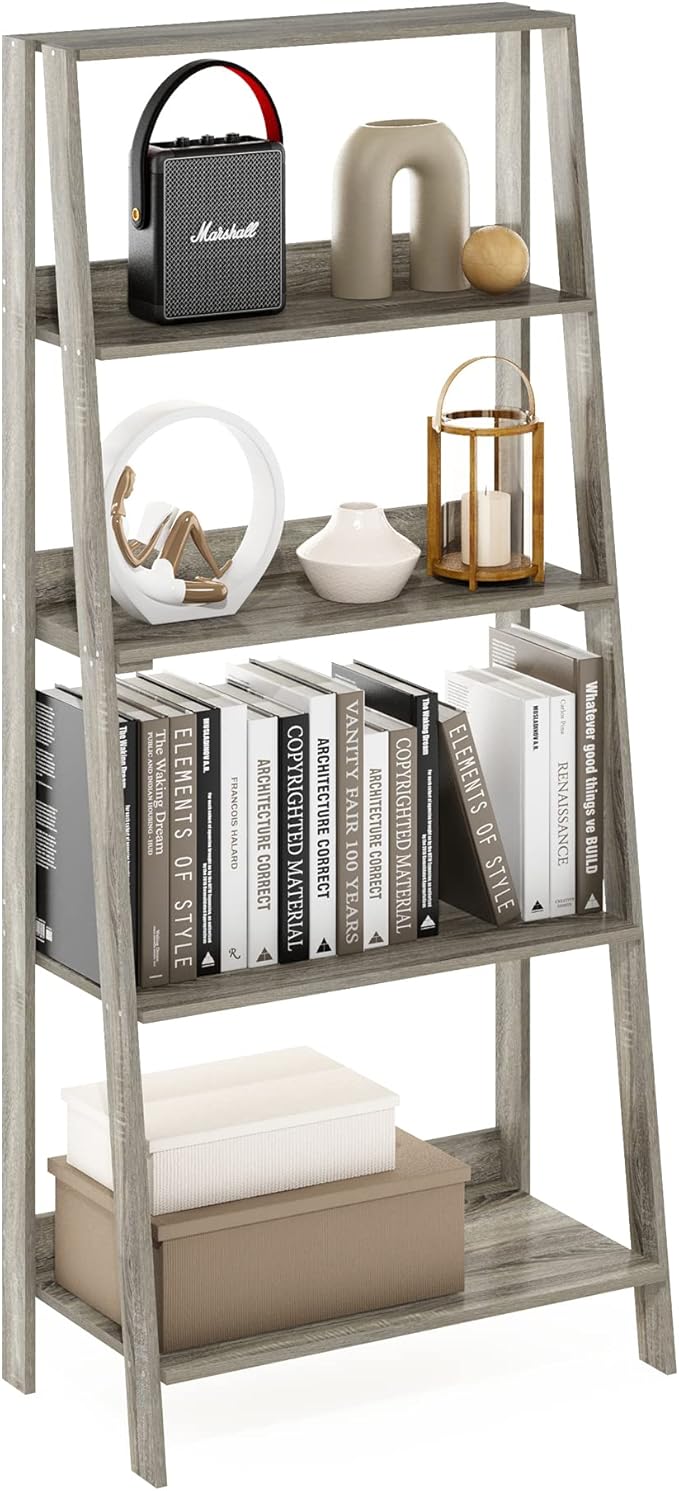Furinno Ladder Book Shelf, 5-Tier Ladder Shelf, Bookshelf, Display Storage Shelves, 13 x 23.6 x 53.5, for Living Room, Home Office, Grey Oak by Furinno-FitsYourSpaceFitsYourBudget