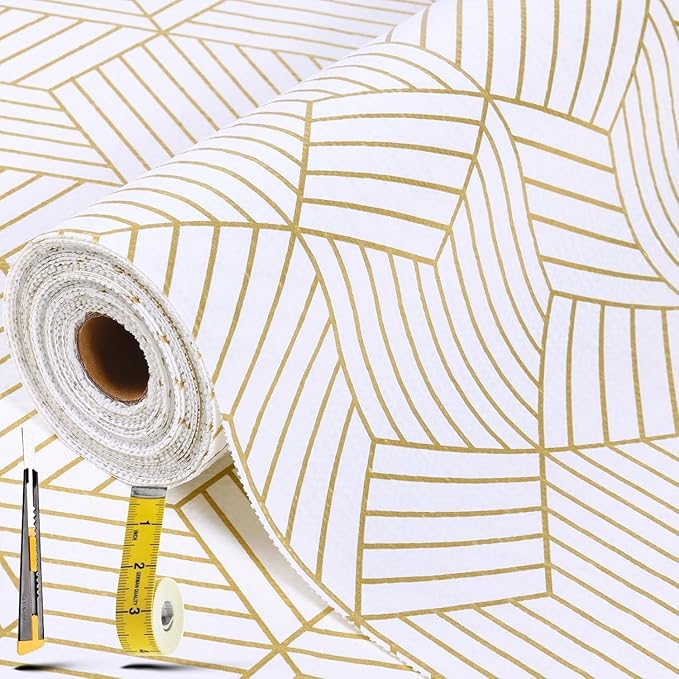 Shelf Liners for Kitchen Cabinets 12in x 40FT, Non Adhesive Cabinet Liner Strong Non-Slip Thickened Gold Geometric Drawer Liner, Easy to Clean for Shelf, Cabinet with Knife and Tape Measure by Kimhan