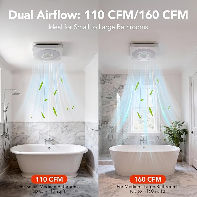 OREiN 3-in-1 Bathroom Exhaust Fan with Bluetooth Speaker & LED Light, 110/160 CFM Quiet Ventilation Fan, 1500LM, 2700K-6500K Adjustable, Night Light, Remote Control, 11.39" x 10.42" Ceiling Cut-Out - Image 4