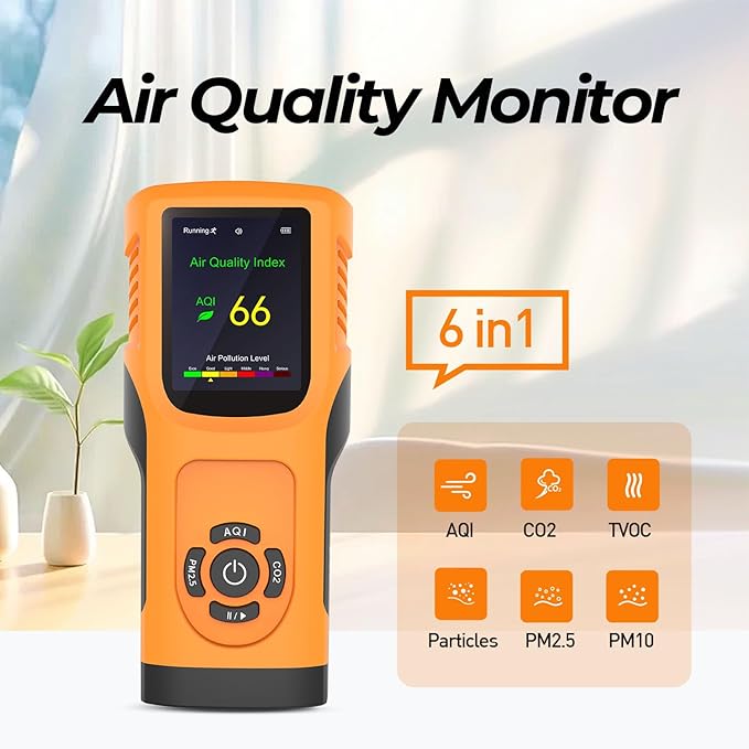 Portable 6-in-1 Air Quality Monitor Indoor Air Quality Tester Air Quality Meter with CO2 TVOC PM2.5 PM10 Particles AQI Detector for Cars Home School Office 3000mAh Battery - Image 2