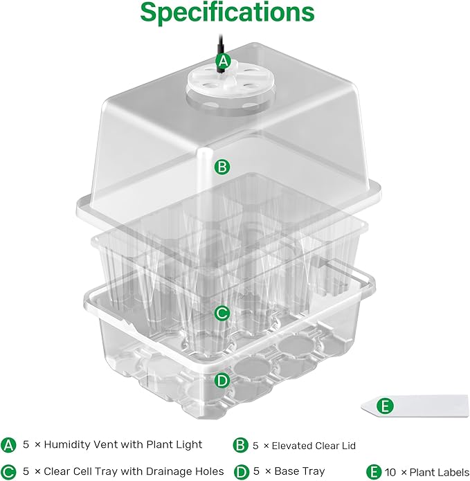 Bonviee 5 Packs Seed Starter Tray with Grow Light, Elevated Seedling Starter Trays Kits with Adjustable Humidity Domes and Clear Cell Tray, 12 Full Spectrum led lamp Beads for Plants Indoor-Clear - Image 2