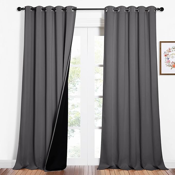 NICETOWN Total Shade Curtains and Draperies, Heavy-Duty Full Light Shading Drapes with Black Liner Backing for Villa/Hall/Dorm Window（Gray, Package of 2 Panels, 62 inches Wide x 95 inches Long by NICETOWN