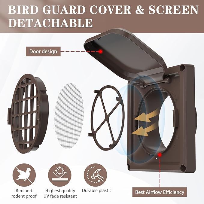Dryer Vent Cover Outside 4 inch, Magnetic Door Design, Durable Airflow Vent with Lint Trap Screen, Thickened Material, 6 inch x 6 inch Size, Brown - Image 3
