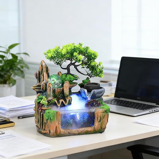10Inch Bonsai Tree Rock ​Water Fountains Indoor Tabletop Waterfall Humidifier with LED Light and Atomizer Mist, Desktop Decoration Fake Plants Mini Fish Tank Feng Shui Decor Festival Birthday surprise - Image 7