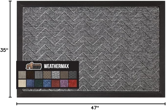 GORILLA GRIP 100% Waterproof All-Season WeatherMax Doormat, 47x35, Durable Natural Rubber, Stain and Fade Resistant, Low Profile, Indoor Outdoor Door Mats, Easy Clean Patio Entrance Mat, Steel Chevron - Image 2