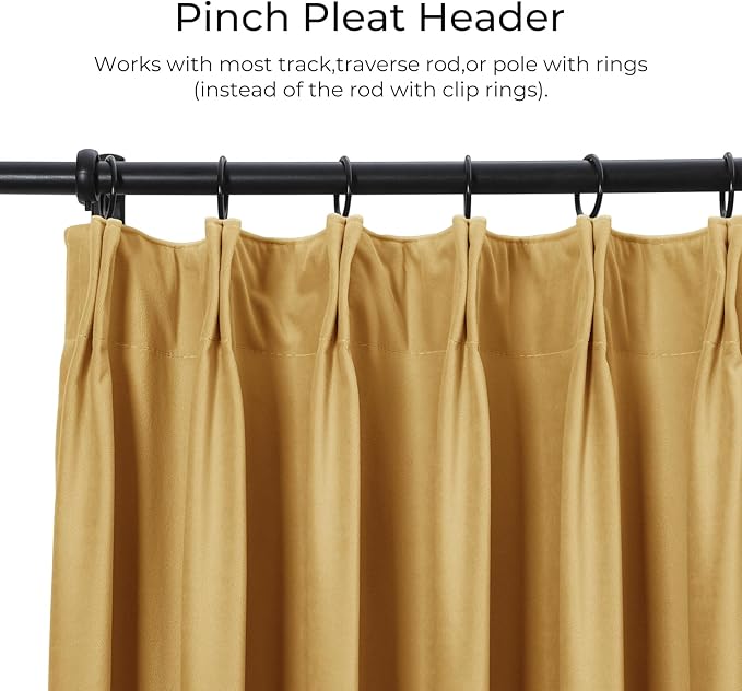 TWOPAGES Luxury Velvet Curtain Pinch Pleated Sunset Yellow Curtain 102 inch Long Thermal Insulated Blackout Drapes for Bedroom Living Room Indoor Window (1 Panel,Sunset Yellow,52Wx102L) - Image 2